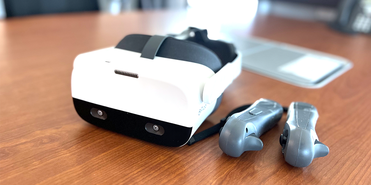 A virtual reality headset on a table.