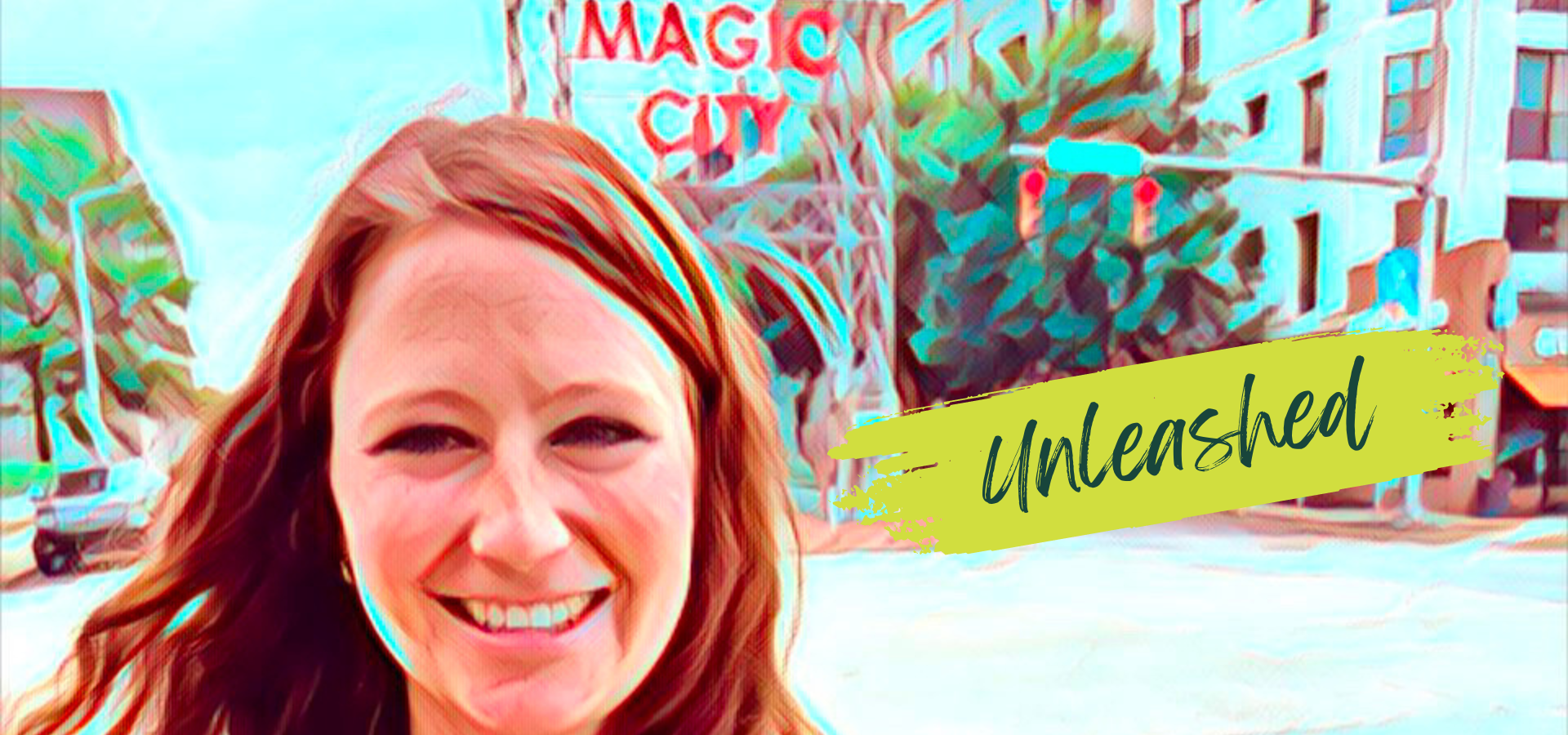 Cailtin Moore, standing in front of "Magic City" sign.