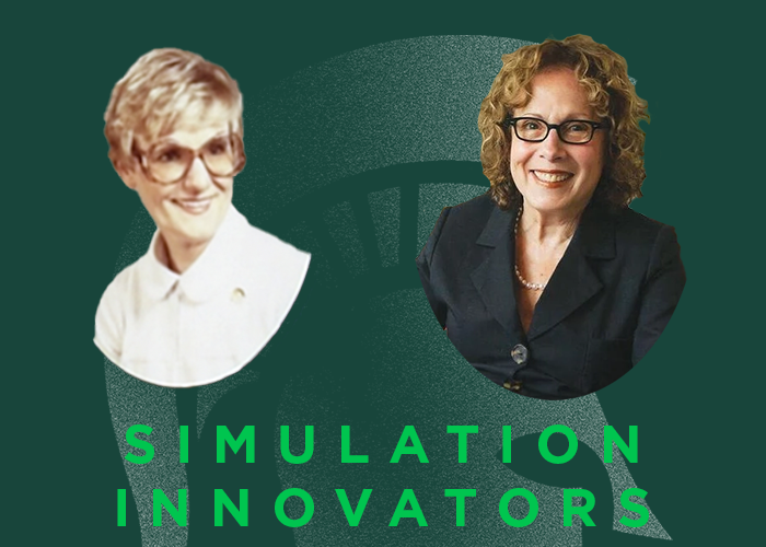 A graphical illustration with a green background and a faded MSU Spartan helmet. Two headshots of College of Nursing donors, Janice Granger and Nancy Grosfeld, overlay the graphic with text reading "SIMULATION INNOVATORS" below the headshots.