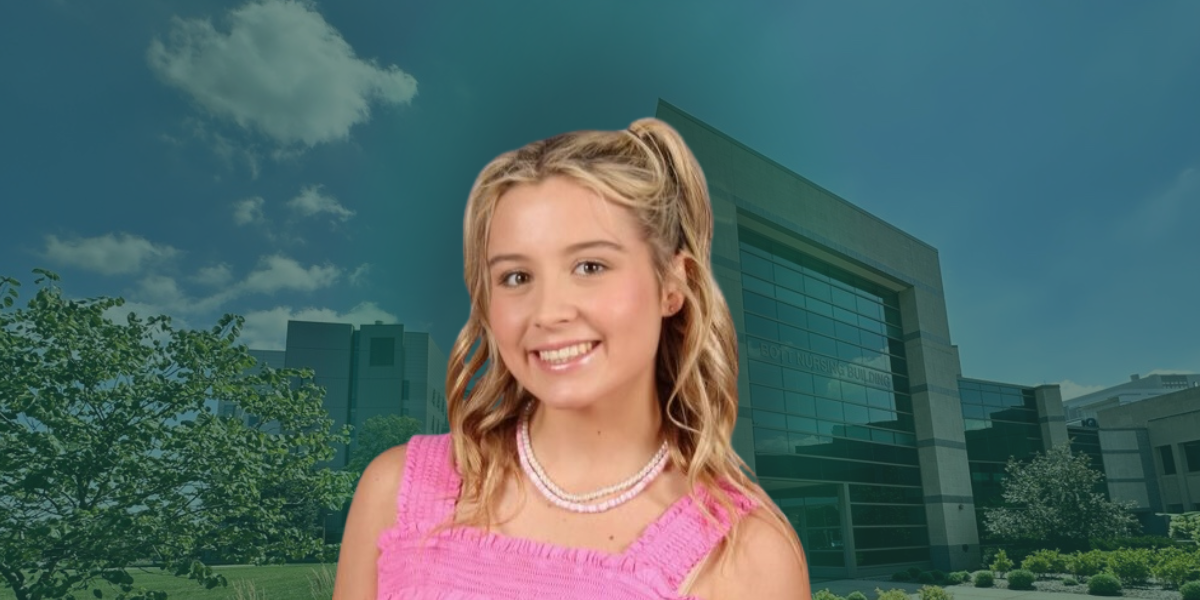 A composite image featuring a young woman with blonde hair and a pink top, smiling confidently in the foreground, set against the backdrop of the Bott Nursing Building under a blue sky with scattered clouds. The setting suggests a connection to nursing education at Michigan State University, depicted by the modern architecture of the building and lush greenery around it, emphasizing a vibrant and educational environment.