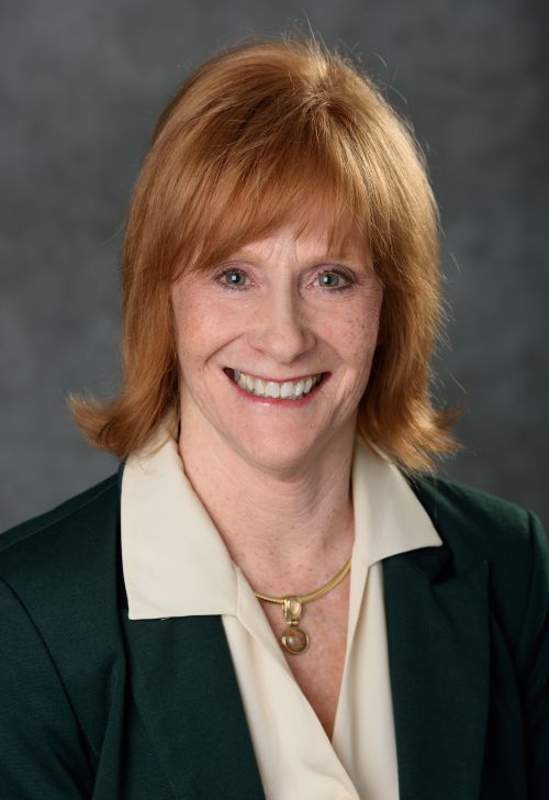 Photo of Nancy Schmitt smiling at camera has short red hair and light eyes on a portrait backdrop 